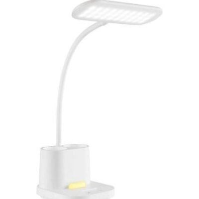 Lampe de table WE avec porte stylo, luminosité régleable, 3 couleurs de températrue, batterie rechargeable de 3600 mAh, support tél intégré, blanc